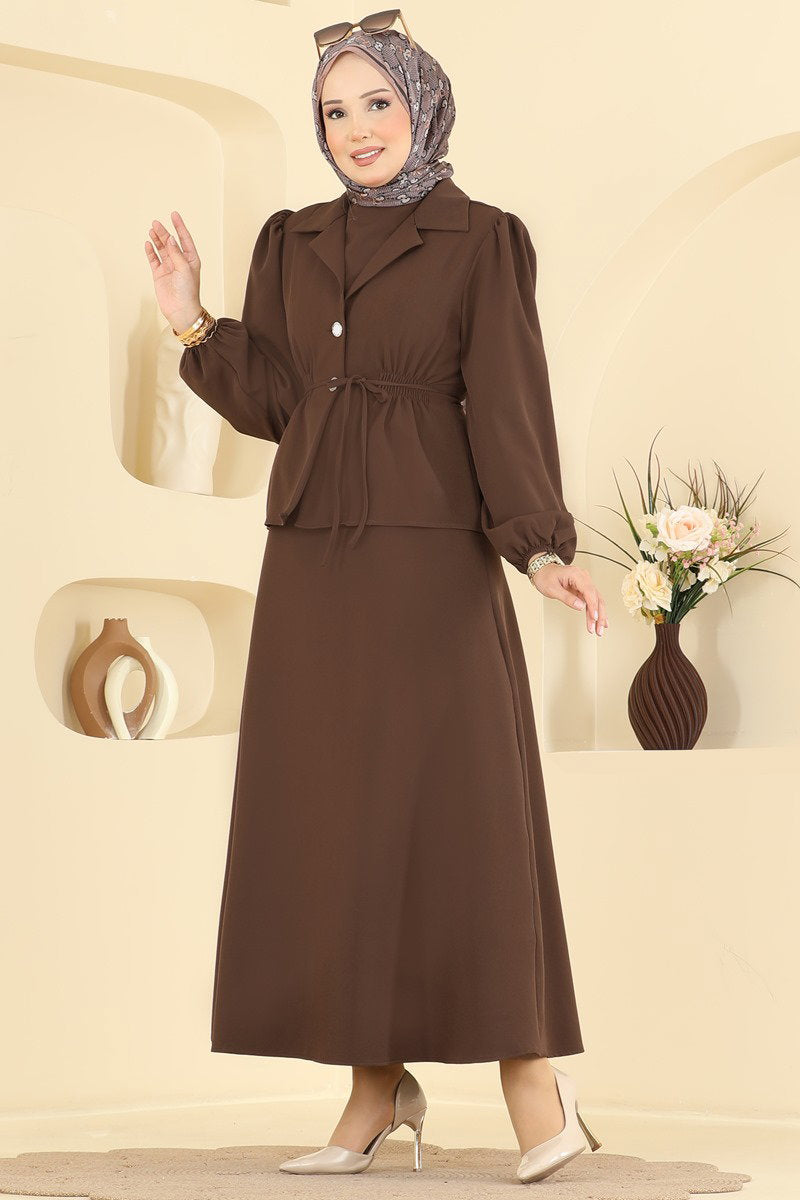 Double Knit Dress with Jacket - Brown