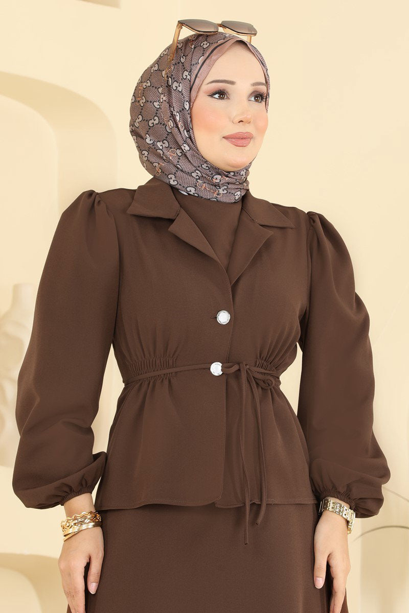 Double Knit Dress with Jacket - Brown