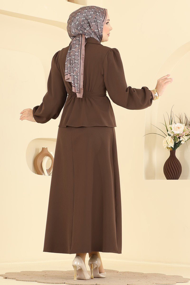 Double Knit Dress with Jacket - Brown