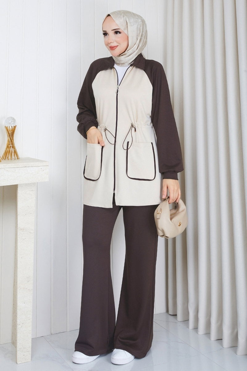 Gathered Modal Two-Piece Set with Pockets - Dark Brown