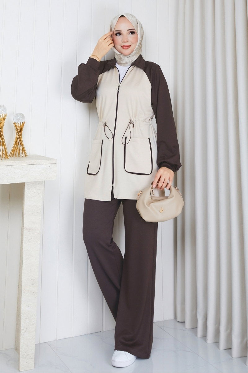 Gathered Modal Two-Piece Set with Pockets - Dark Brown