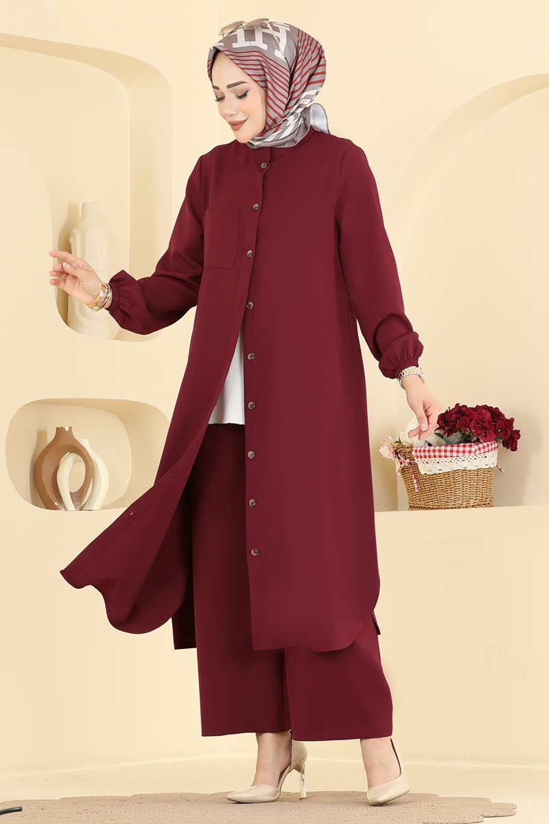Double Knit Two-Piece Set with Pockets - Burgundy