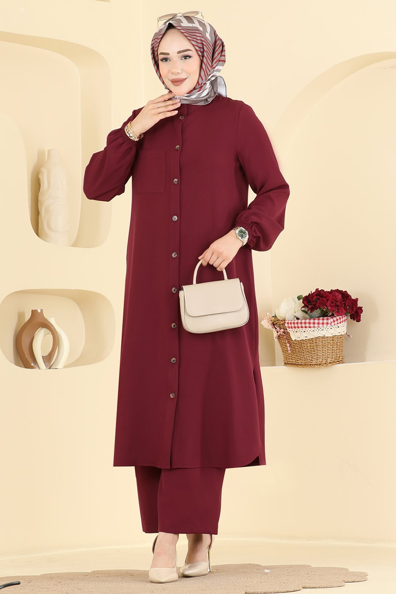 Double Knit Two-Piece Set with Pockets - Burgundy