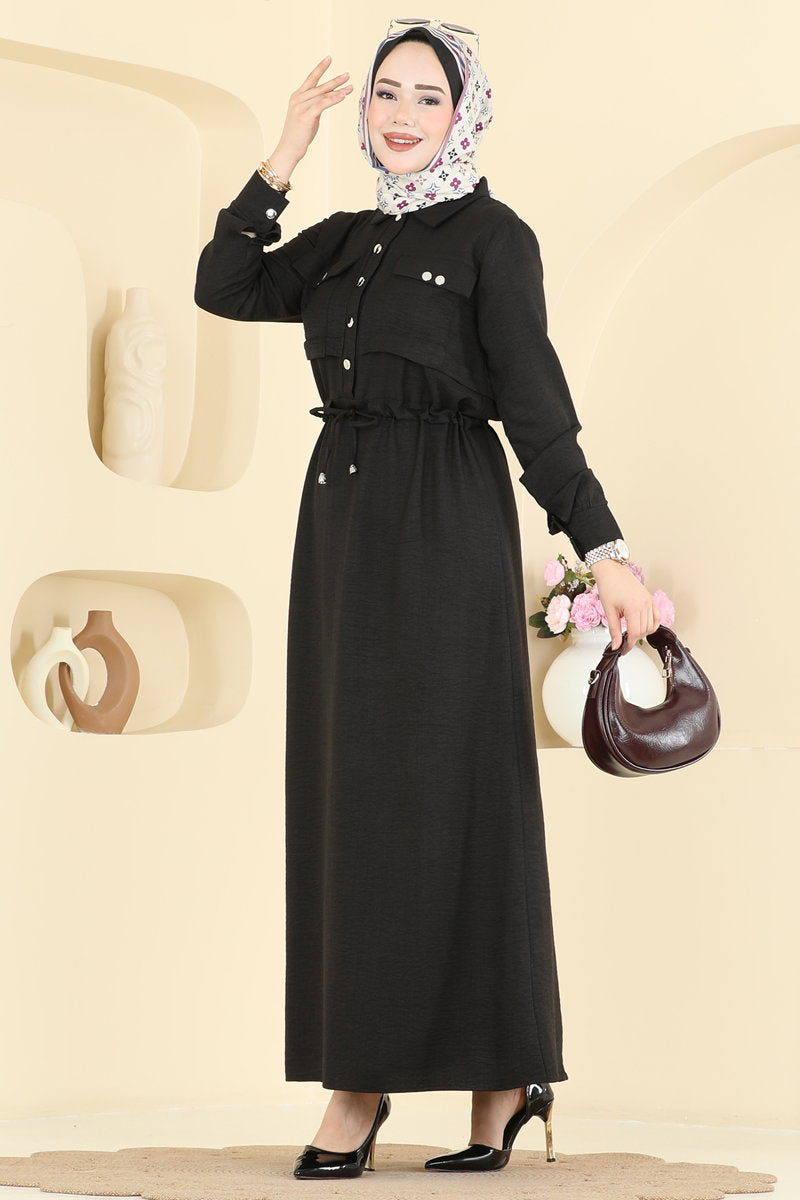 Linen Button Dress with Pockets - Black