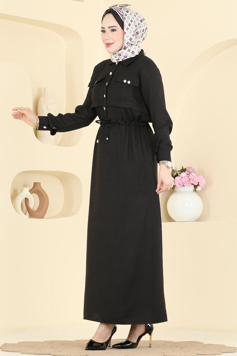 Linen Button Dress with Pockets - Black