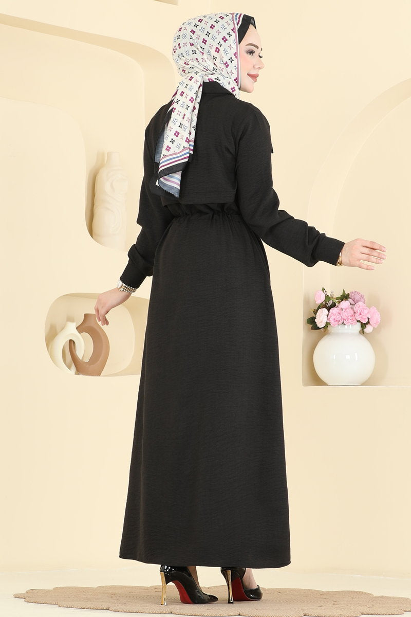 Linen Button Dress with Pockets - Black