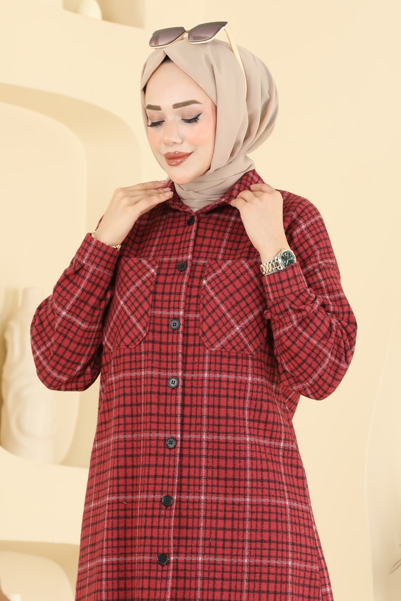 Plaid Tunic with Pockets - Red