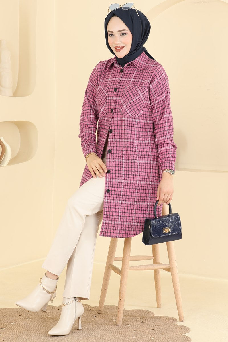 Plaid Tunic with Pockets - Pink