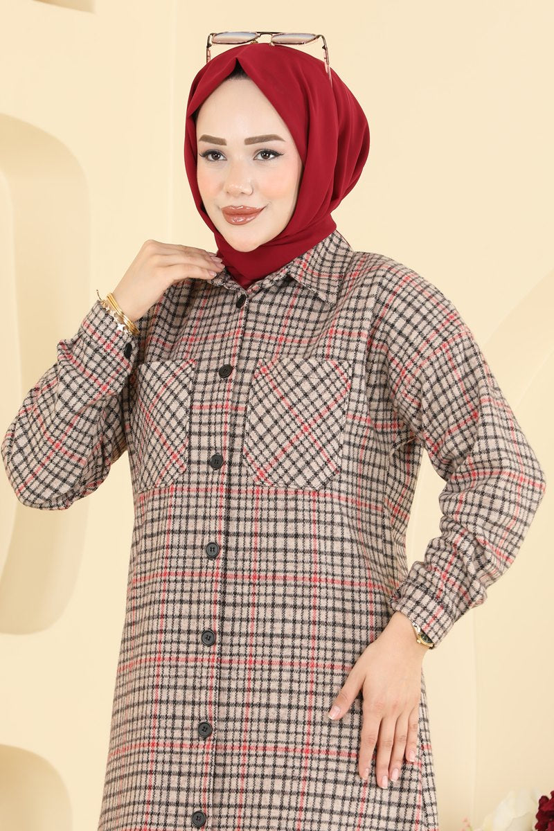 Plaid Tunic with Pockets - Mink