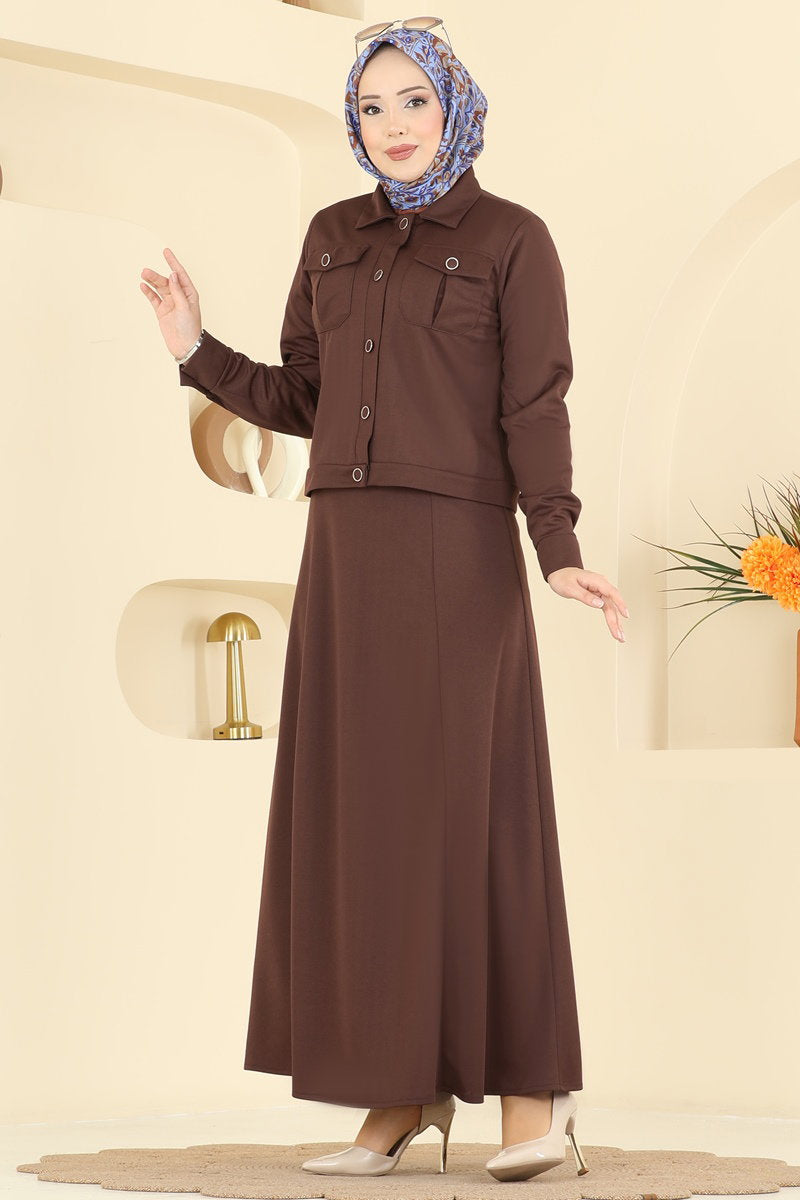 Two-Piece Crepe Dress Set with Pockets - Brown
