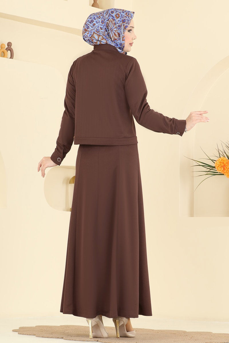 Two-Piece Crepe Dress Set with Pockets - Brown