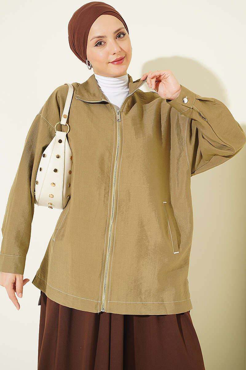 Zip-Up Cape Coat with Pocket Detail - Khaki