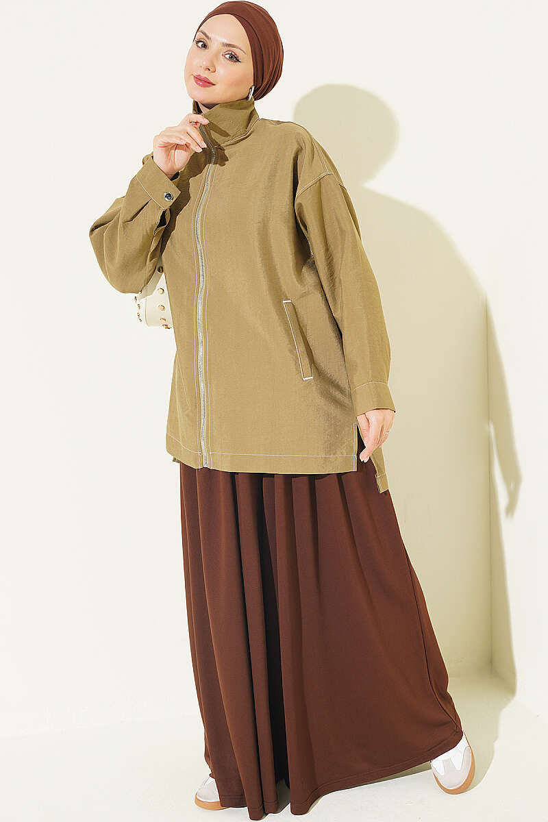 Zip-Up Cape Coat with Pocket Detail - Khaki