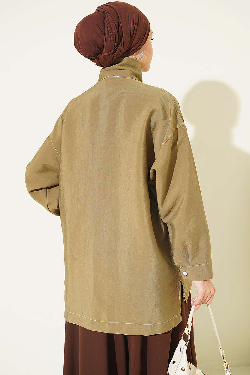Zip-Up Cape Coat with Pocket Detail - Khaki