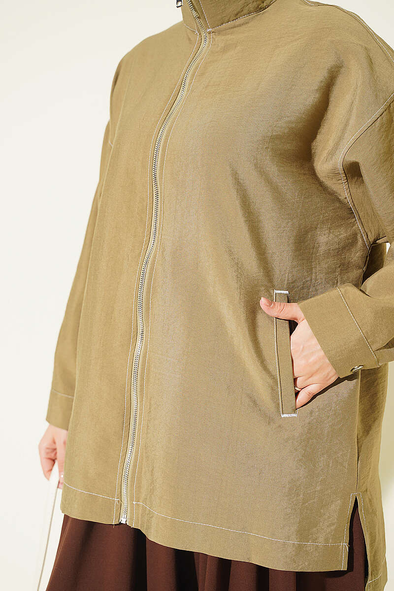 Zip-Up Cape Coat with Pocket Detail - Khaki