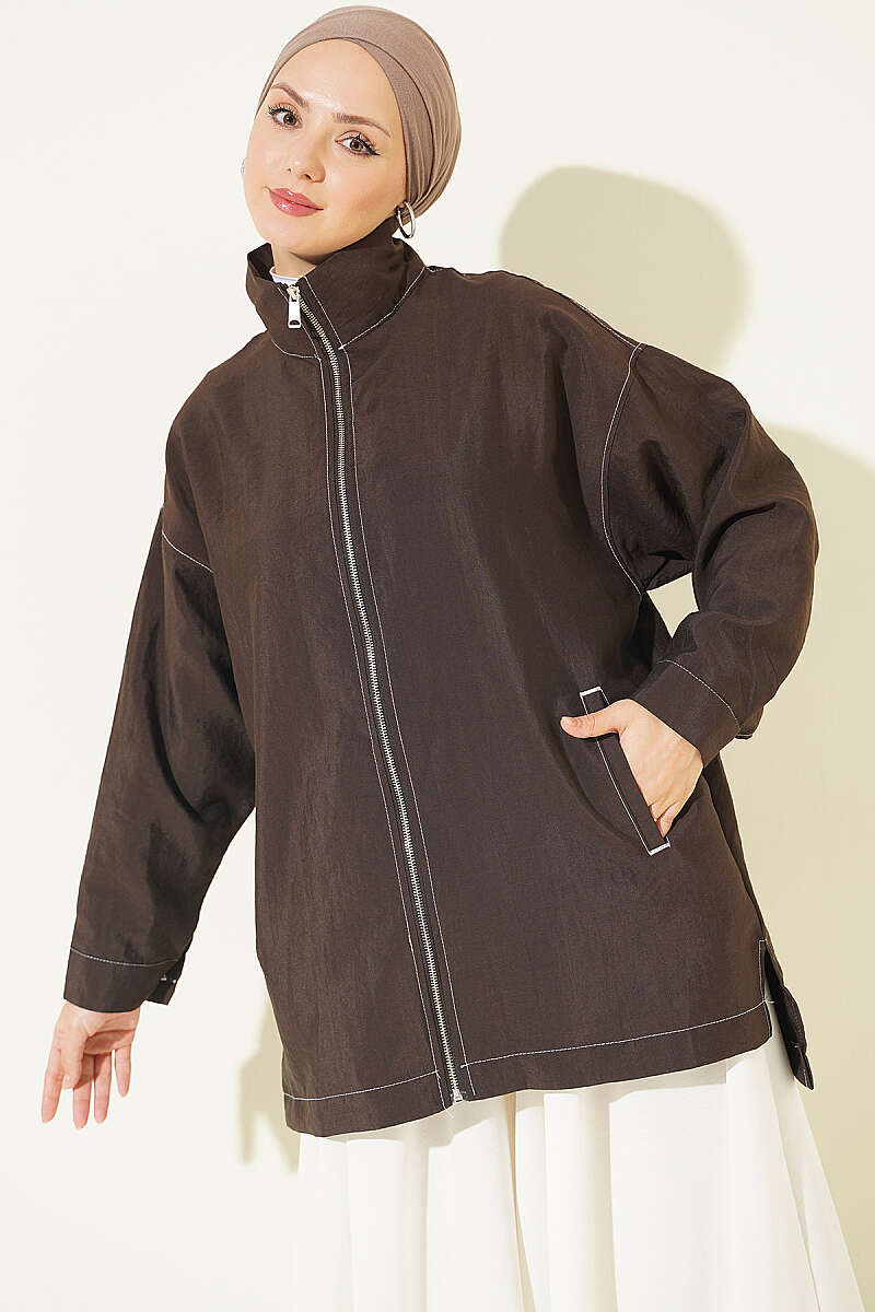 Zip-Up Cape Coat with Pocket Detail - Brown