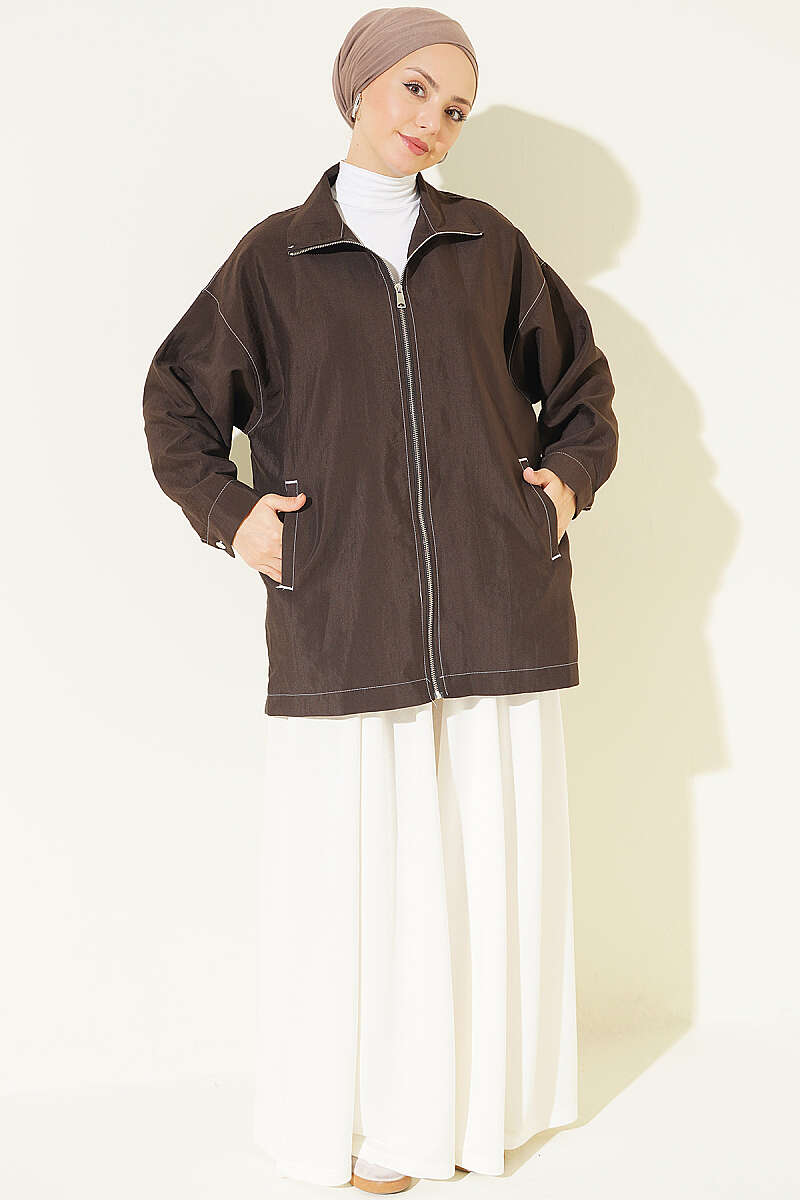 Zip-Up Cape Coat with Pocket Detail - Brown