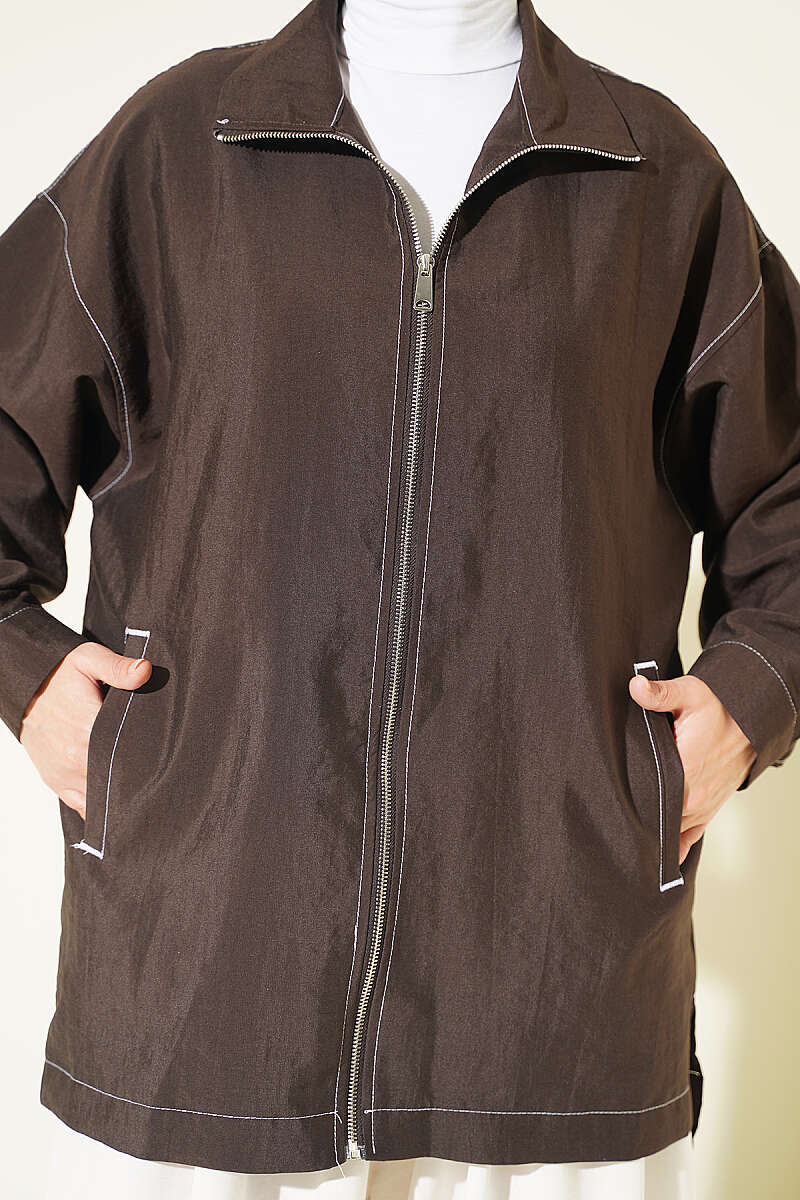Zip-Up Cape Coat with Pocket Detail - Brown