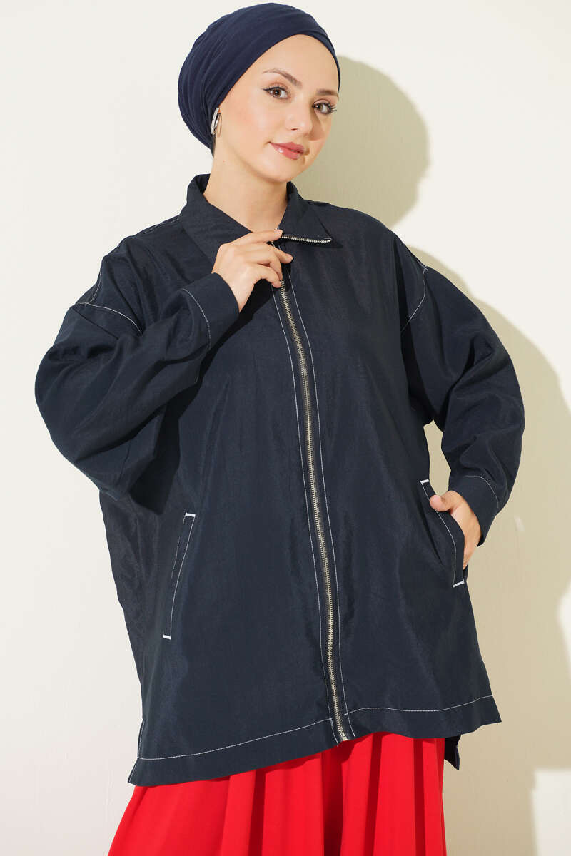 Zip-Up Cape Coat with Pocket Detail - Navy