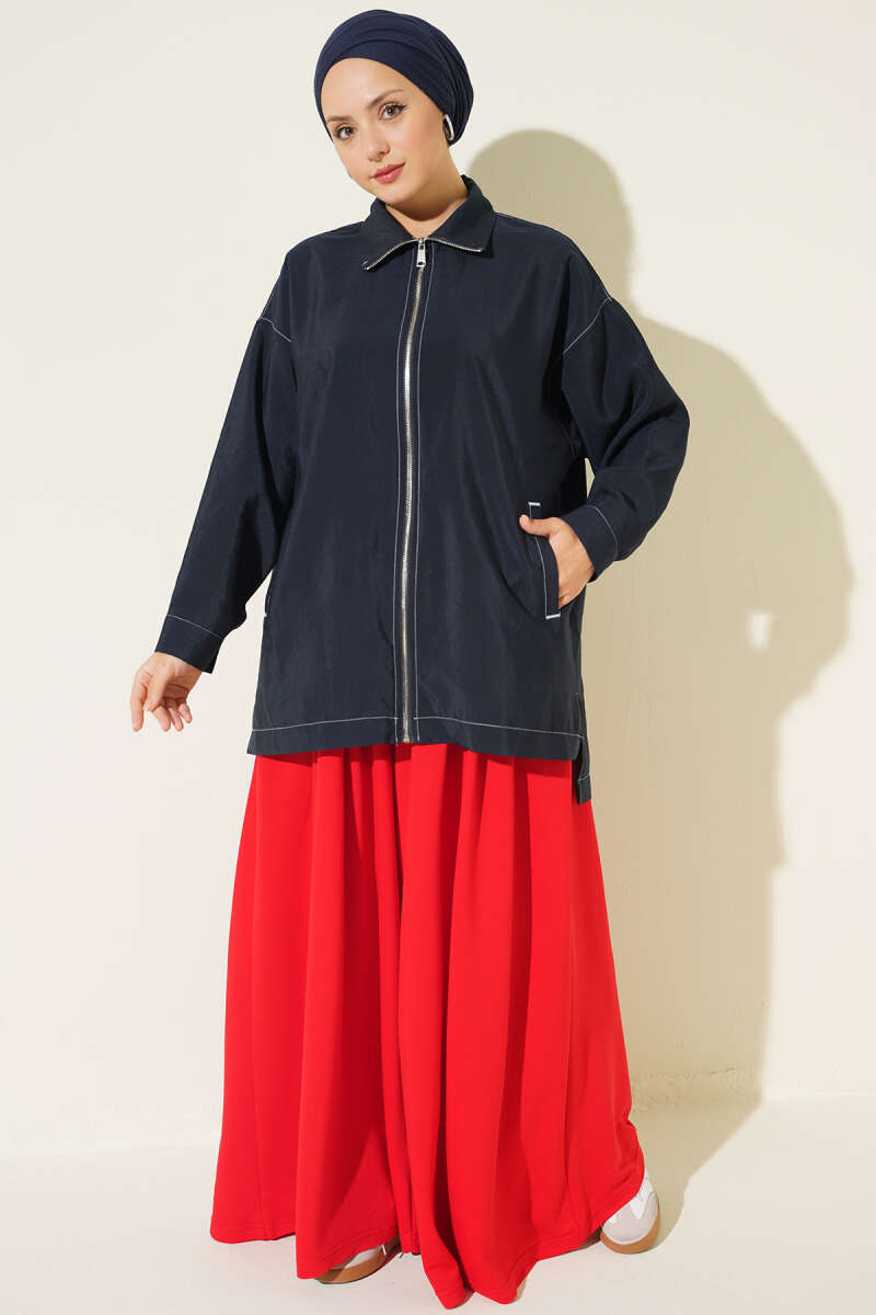 Zip-Up Cape Coat with Pocket Detail - Navy