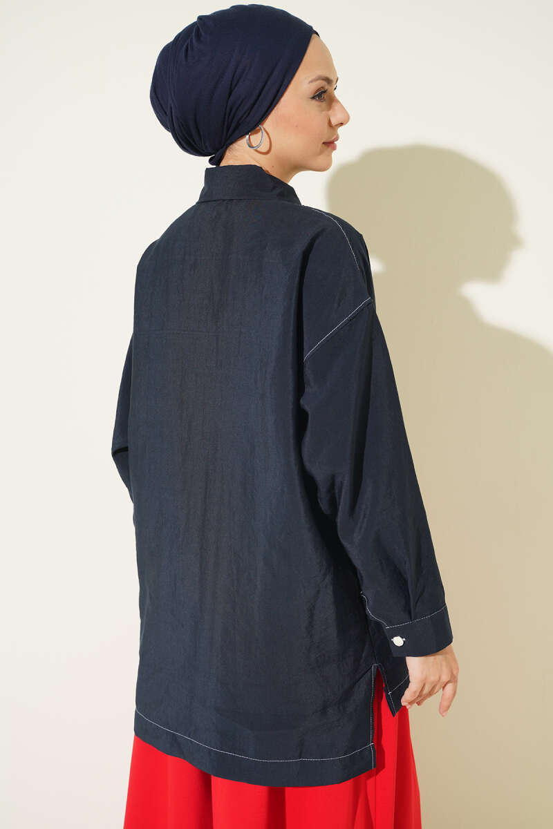 Zip-Up Cape Coat with Pocket Detail - Navy