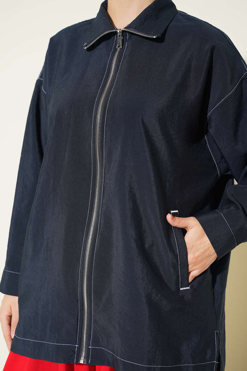 Zip-Up Cape Coat with Pocket Detail - Navy