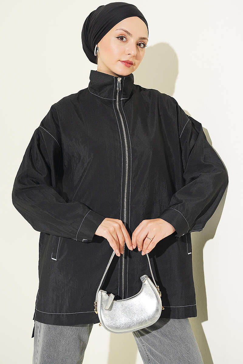 Zip-Up Cape Coat with Pocket Detail - Black