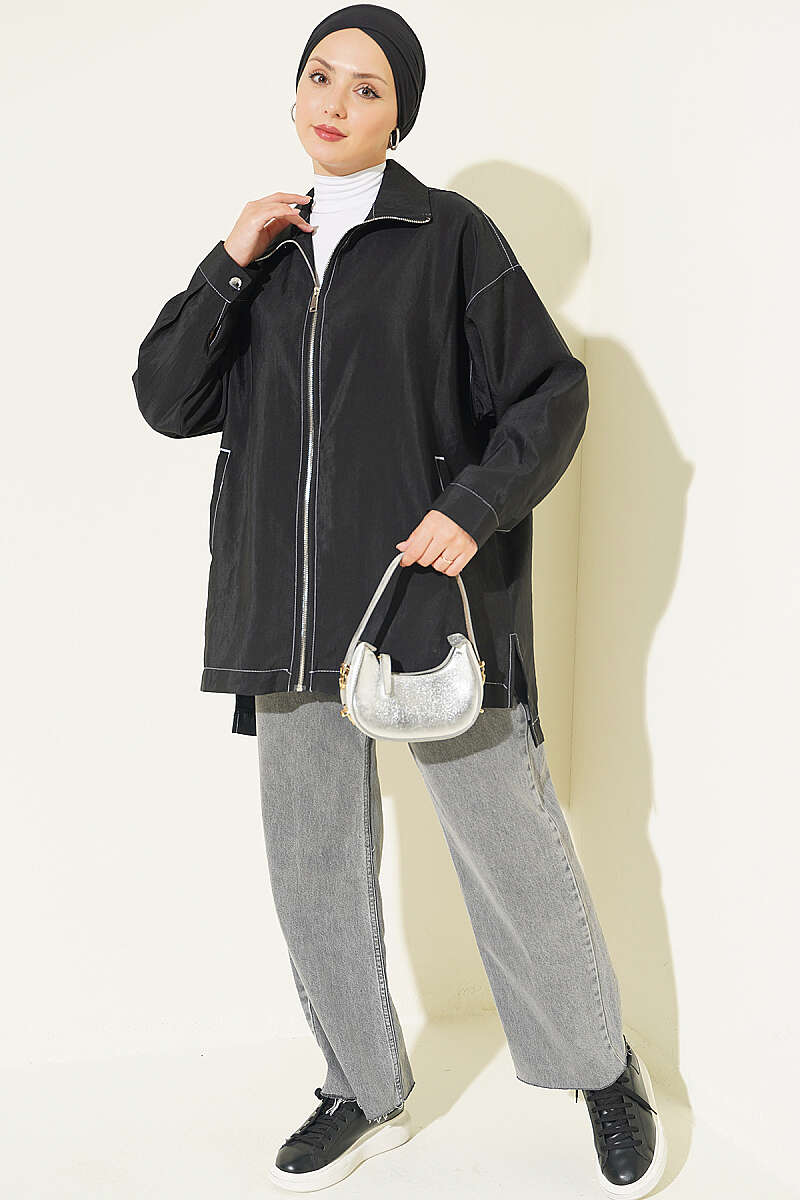 Zip-Up Cape Coat with Pocket Detail - Black