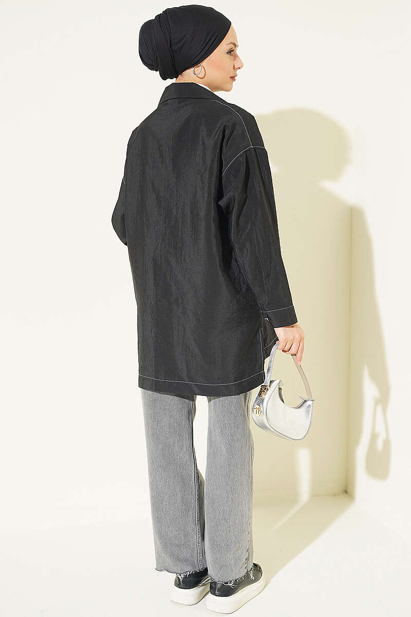 Zip-Up Cape Coat with Pocket Detail - Black
