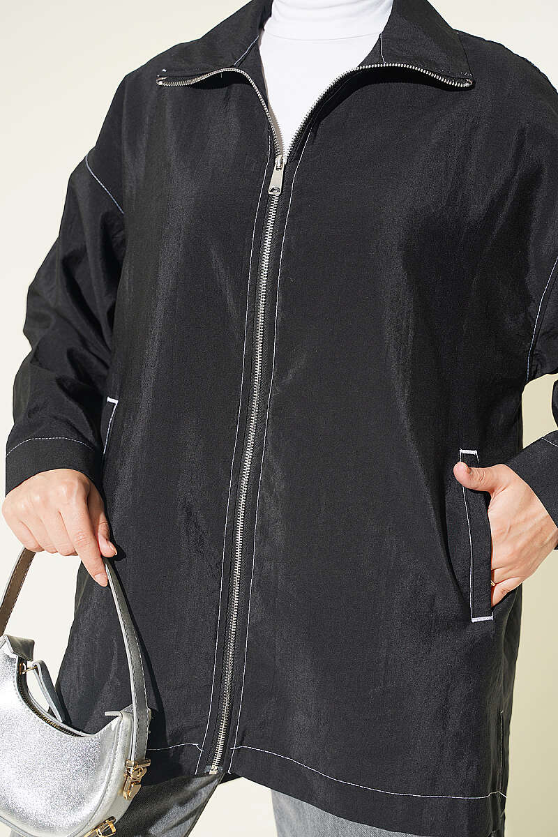 Zip-Up Cape Coat with Pocket Detail - Black