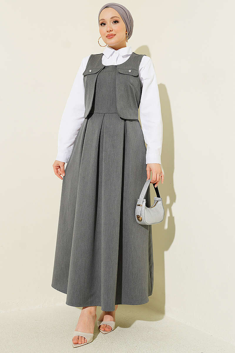 Pinafore Dress with Pocket Detail - Smoke Grey