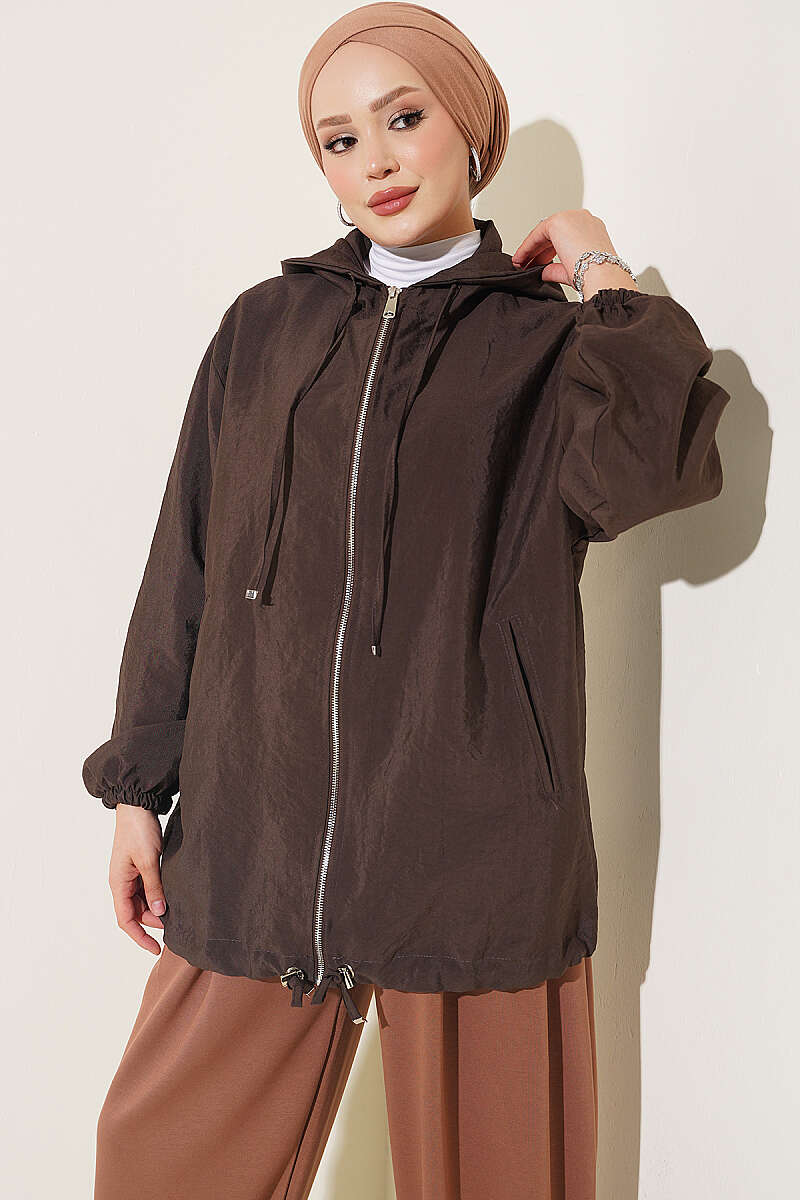 Hooded Cape Coat with Pocket Detail - Brown