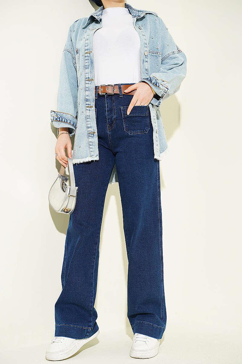 Belted Pants with Pocket Detail - Dark Blue