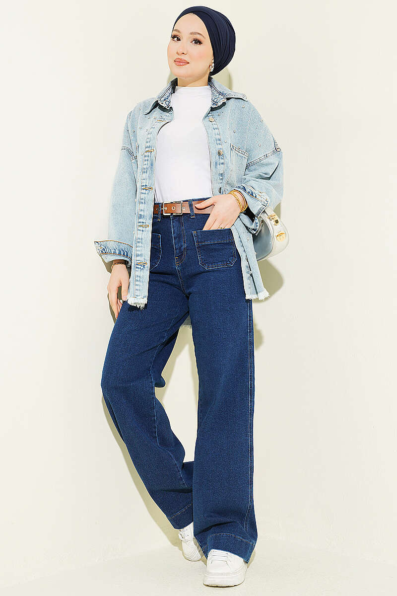 Belted Pants with Pocket Detail - Dark Blue