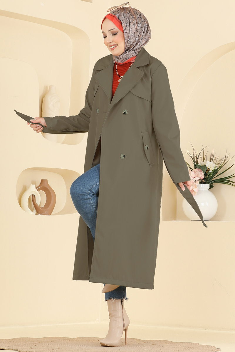 Belted Trench Coat with Pockets - Khaki