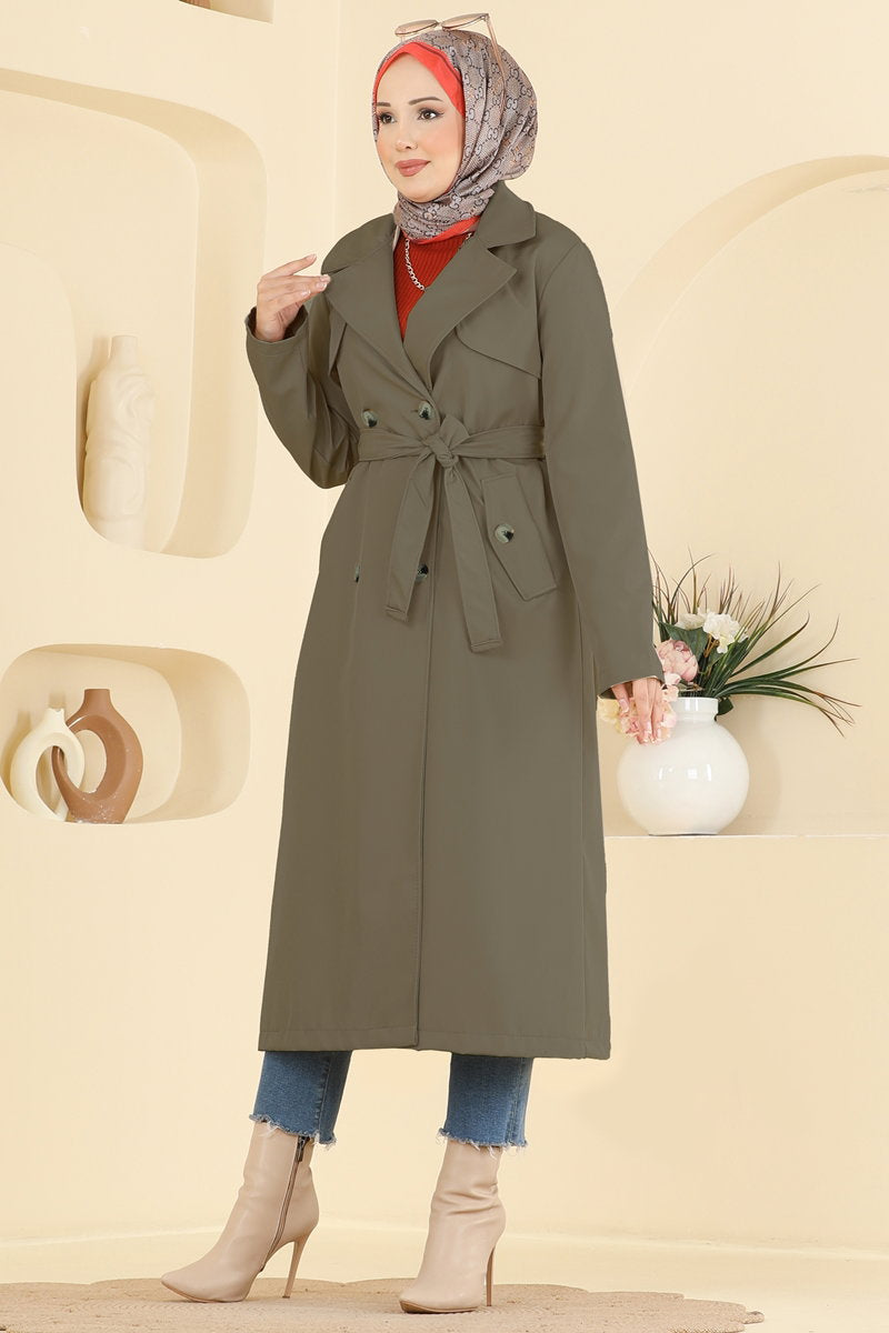Belted Trench Coat with Pockets - Khaki
