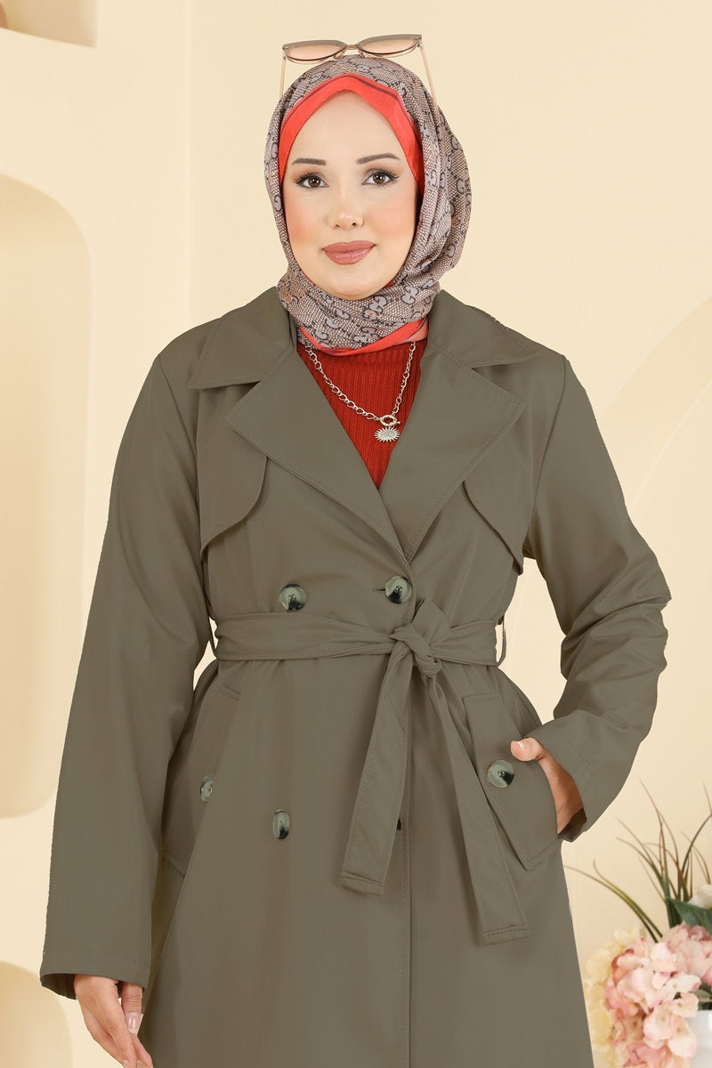 Belted Trench Coat with Pockets - Khaki