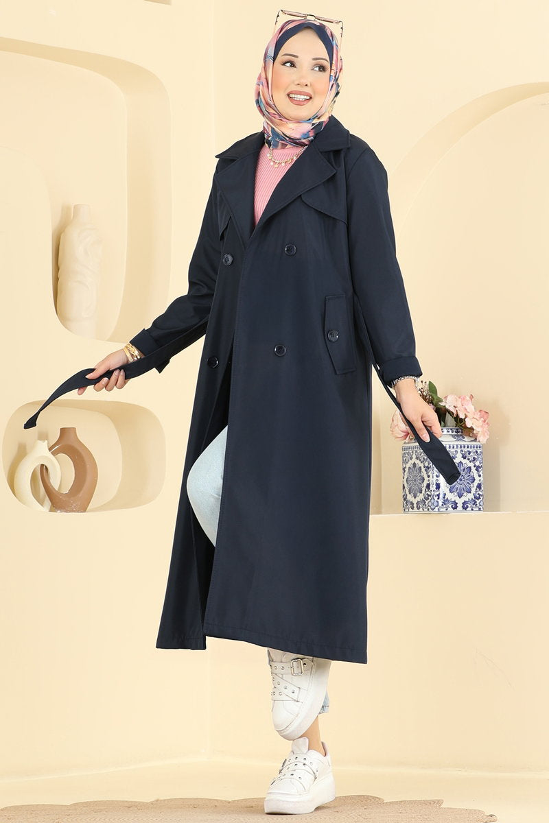 Belted Trench Coat with Pockets - Navy