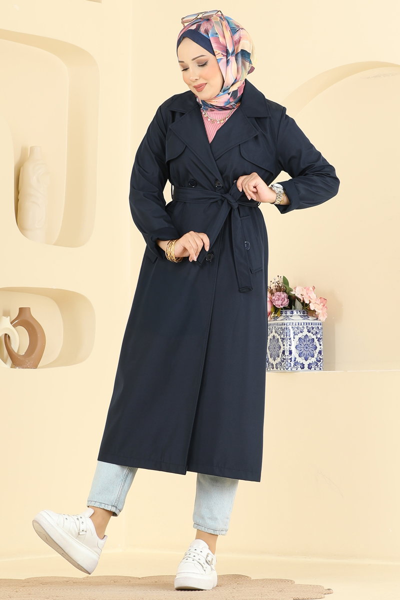 Belted Trench Coat with Pockets - Navy