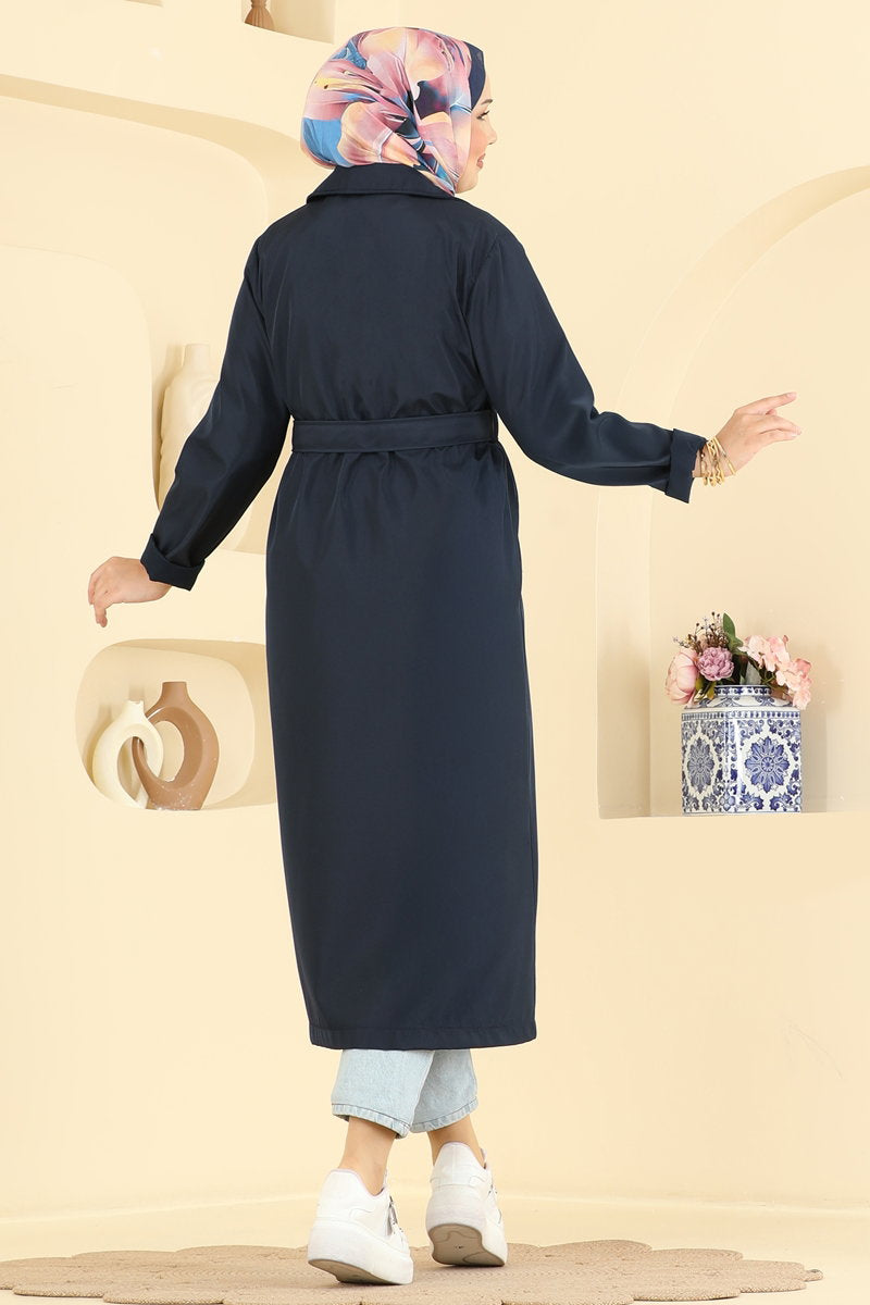 Belted Trench Coat with Pockets - Navy