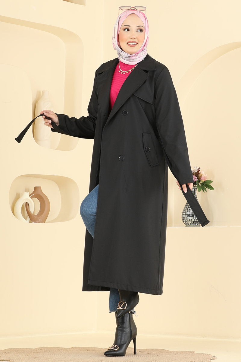 Belted Trench Coat with Pockets - Black