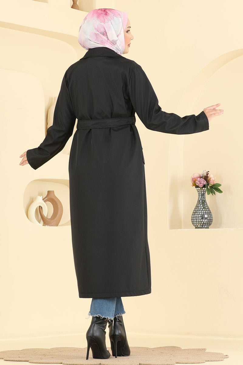 Belted Trench Coat with Pockets - Black
