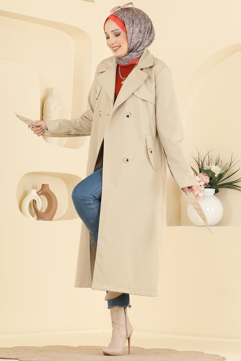 Belted Trench Coat with Pockets - Stone