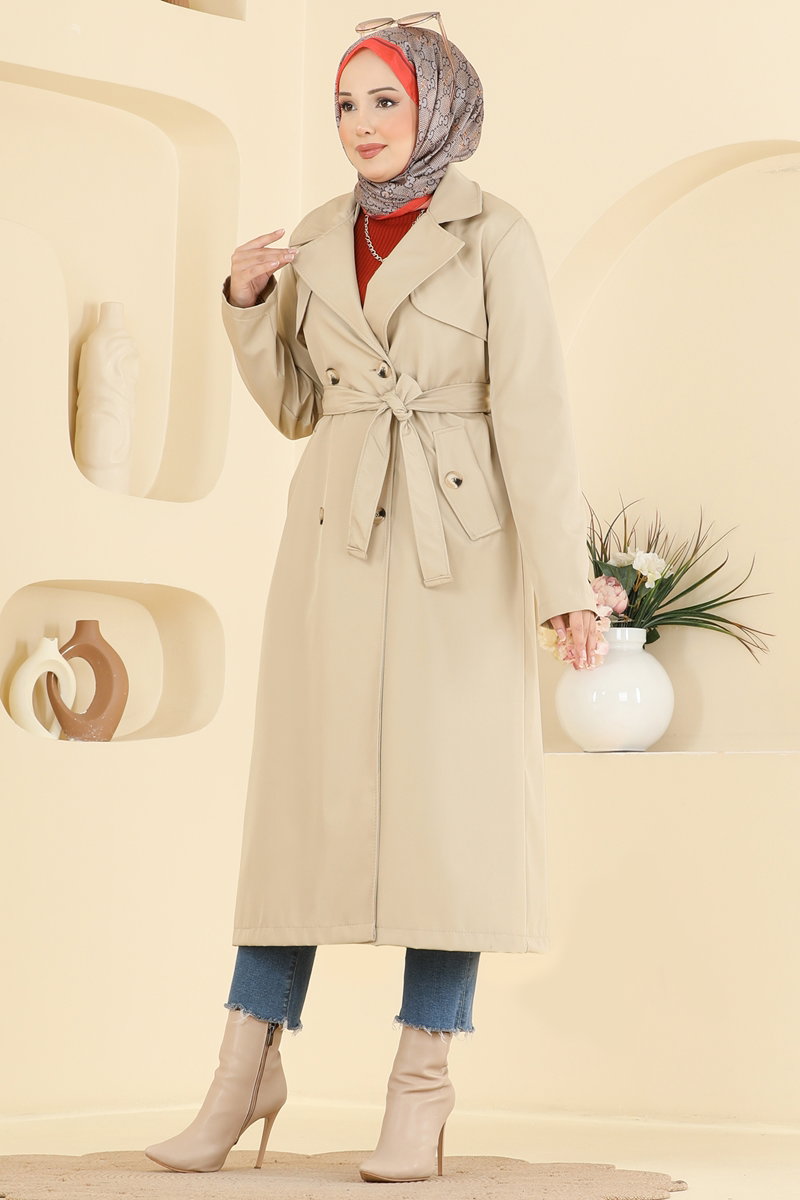 Belted Trench Coat with Pockets - Stone