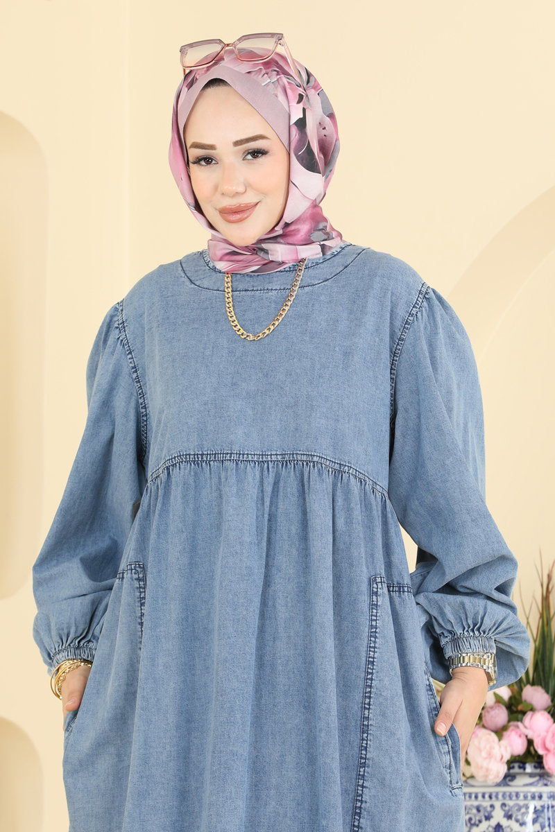 Denim Dress with Pocket Detail - Light Denim