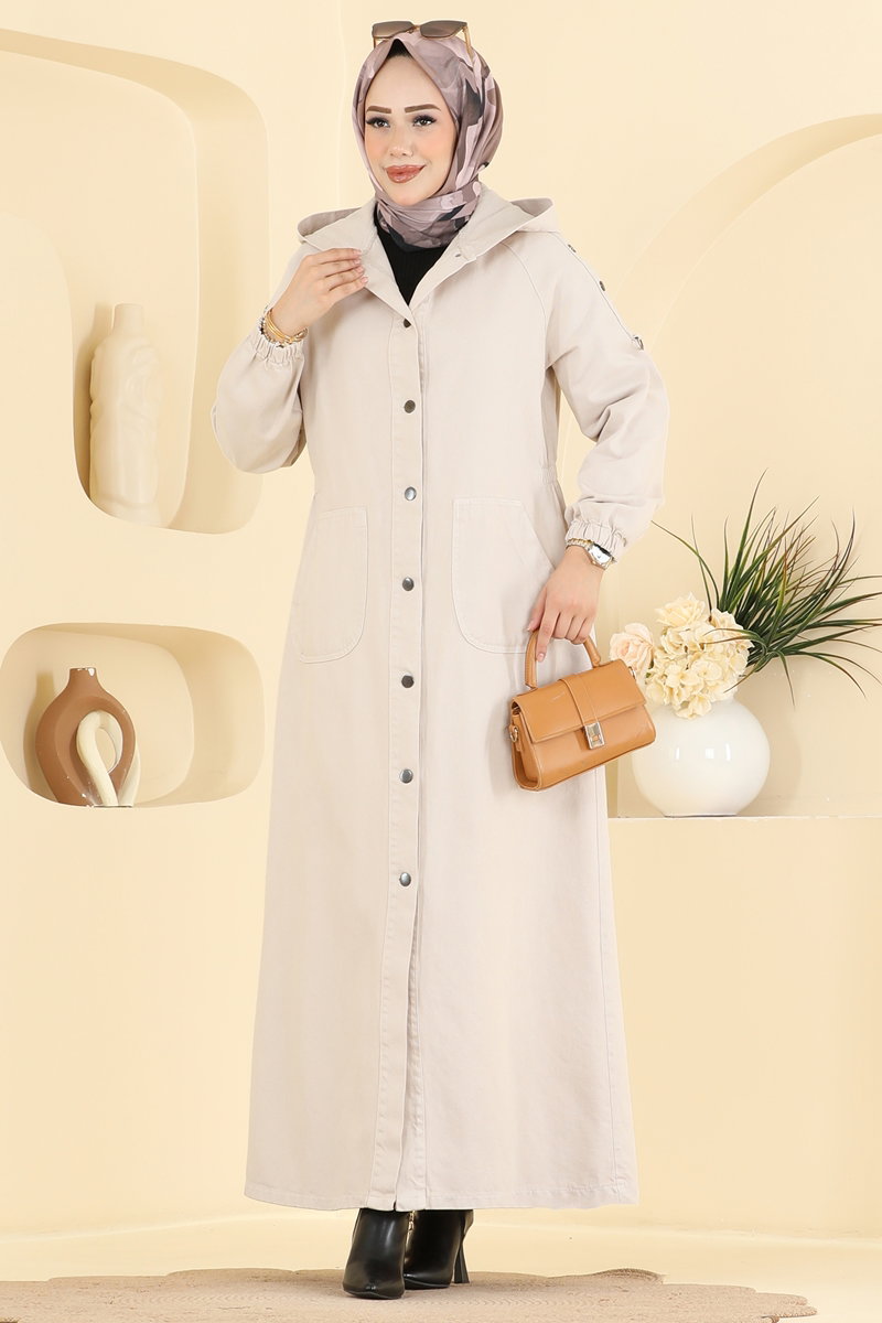 Denim Abaya Coat with Pockets - Stone