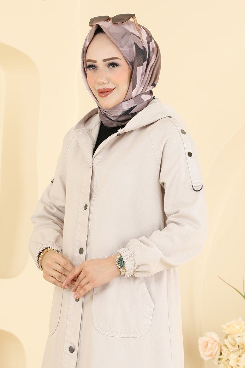 Denim Abaya Coat with Pockets - Stone