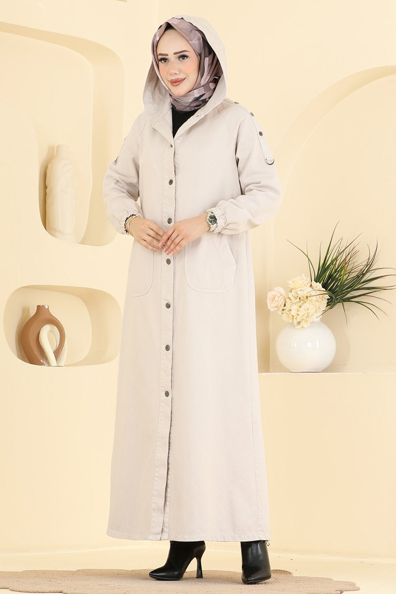 Denim Abaya Coat with Pockets - Stone