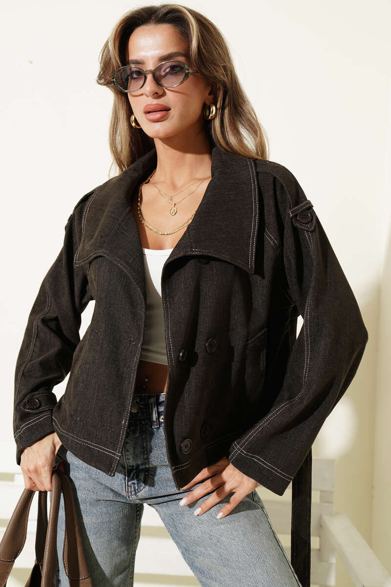 Belted Jacket with Pocket Detail - Dark Brown