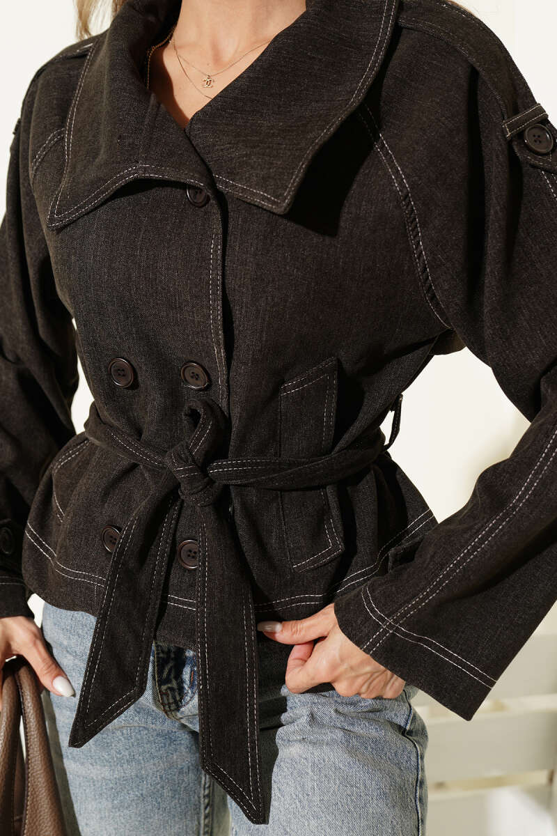 Belted Jacket with Pocket Detail - Dark Brown